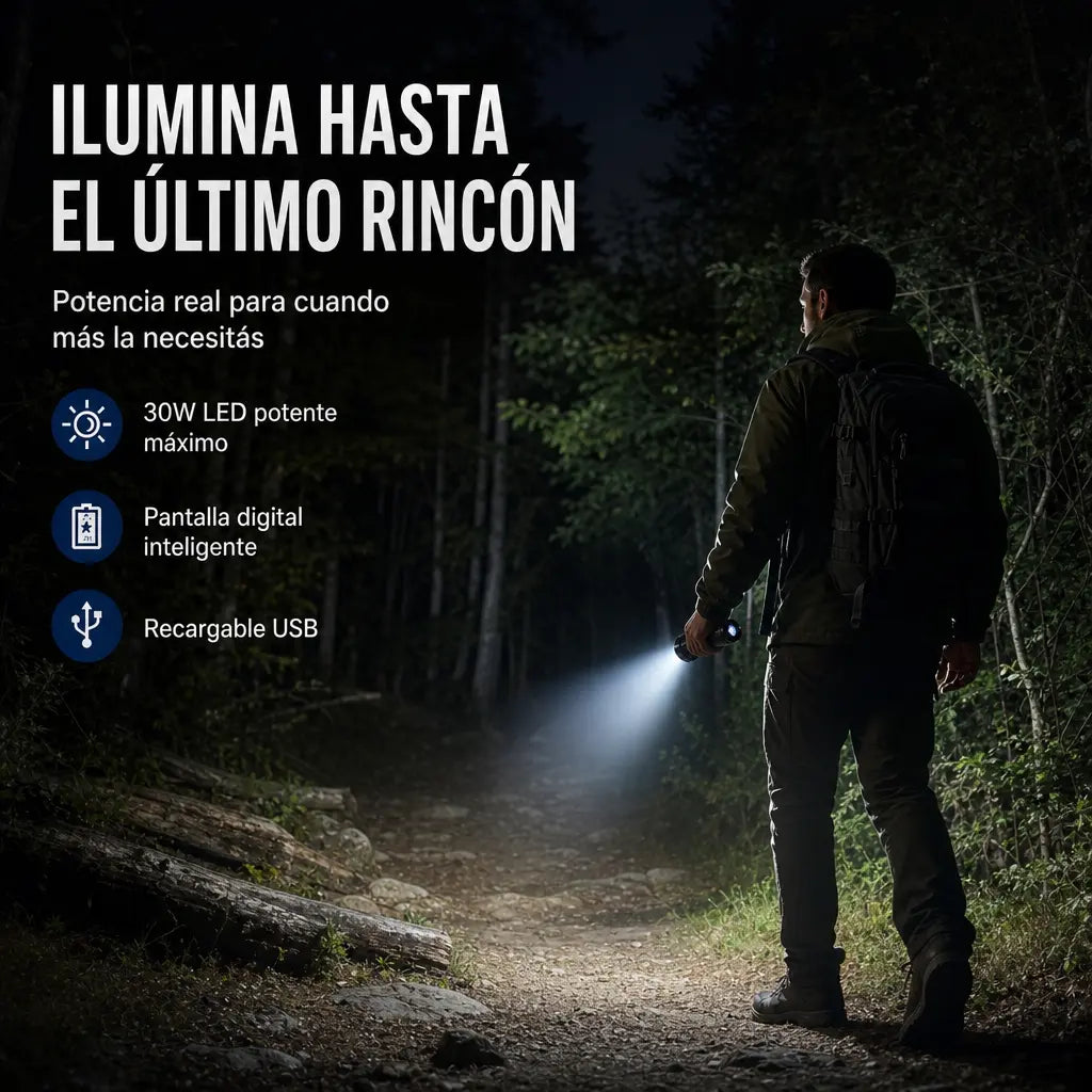 Linterna Táctica Recargable 7 LED con Display Digital USB | 30W Potente + Resistente al Agua | Pago al Recibir Honduras