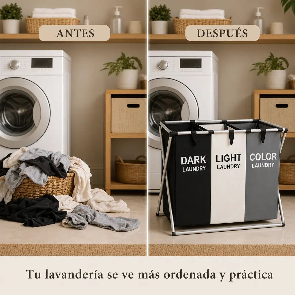Cesto Organizador de Ropa Plegable CleanSort Pro 3en1 con 3 Compartimentos 150L para Separar Ropa Oscura, Clara y de Color | Pago al Recibir Honduras