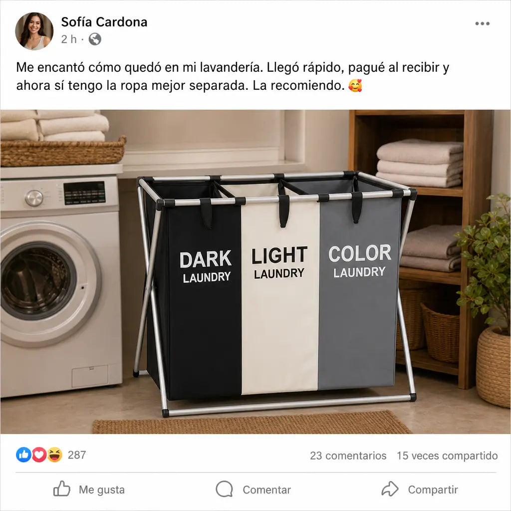 Cesto Organizador de Ropa Plegable CleanSort Pro 3en1 con 3 Compartimentos 150L para Separar Ropa Oscura, Clara y de Color | Pago al Recibir Honduras