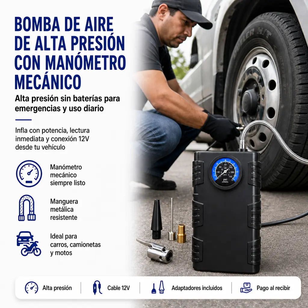 Bomba de Aire de Alta Presión con Manómetro Mecánico — Sin Baterías | Manguera Metálica | Para Camionetas y 4x4 💪🛞