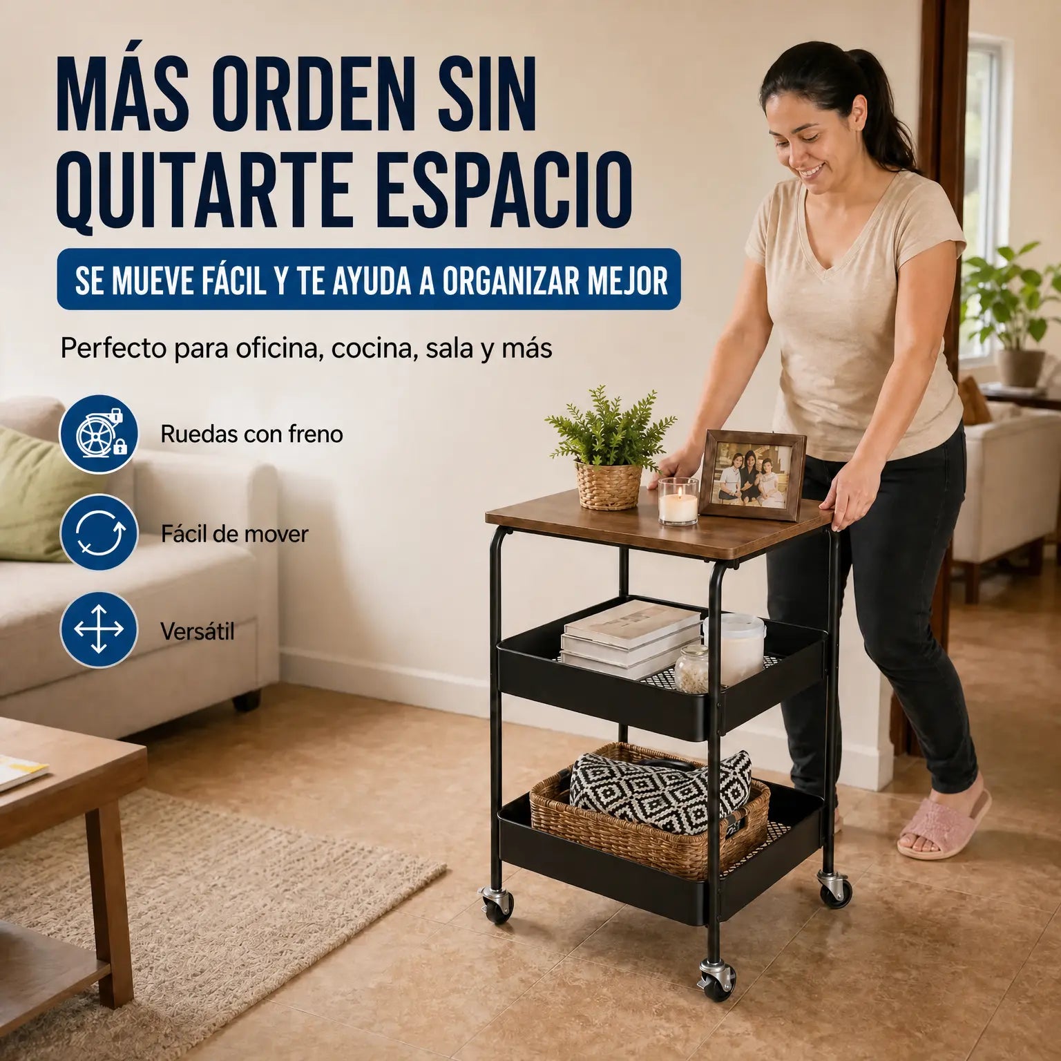 Carrito Organizador con Ruedas RollDesk Pro 3N | 3 Niveles + Mesa de Madera | Para Oficina, Cocina y Hogar | Pago al Recibir Honduras