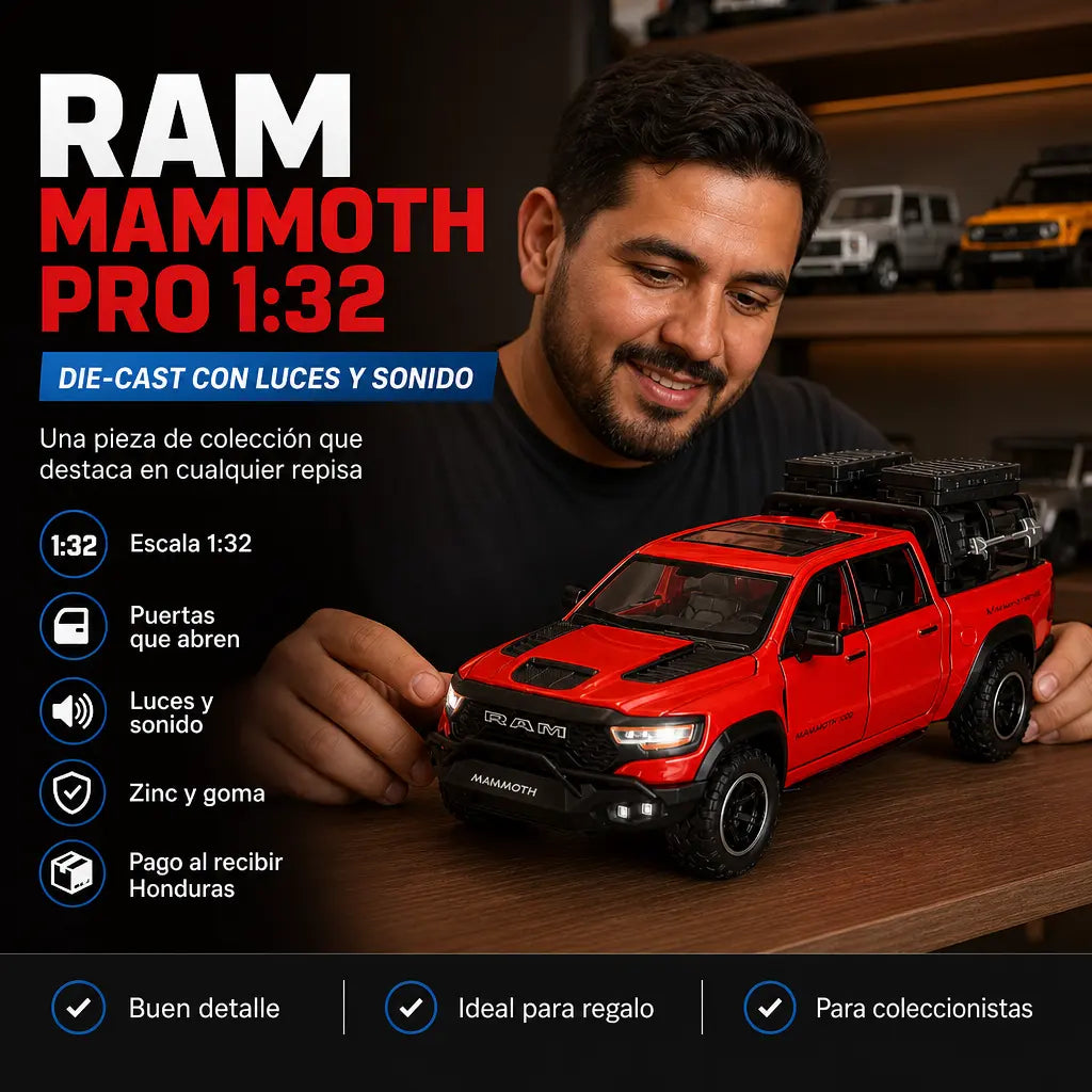 Pick-Up Die-Cast RAM Mammoth Pro 1:32 con Luces, Sonido, Puertas que Abren y Accesorios | Escala 1:32 en Zinc y Goma | Pago al Recibir Honduras