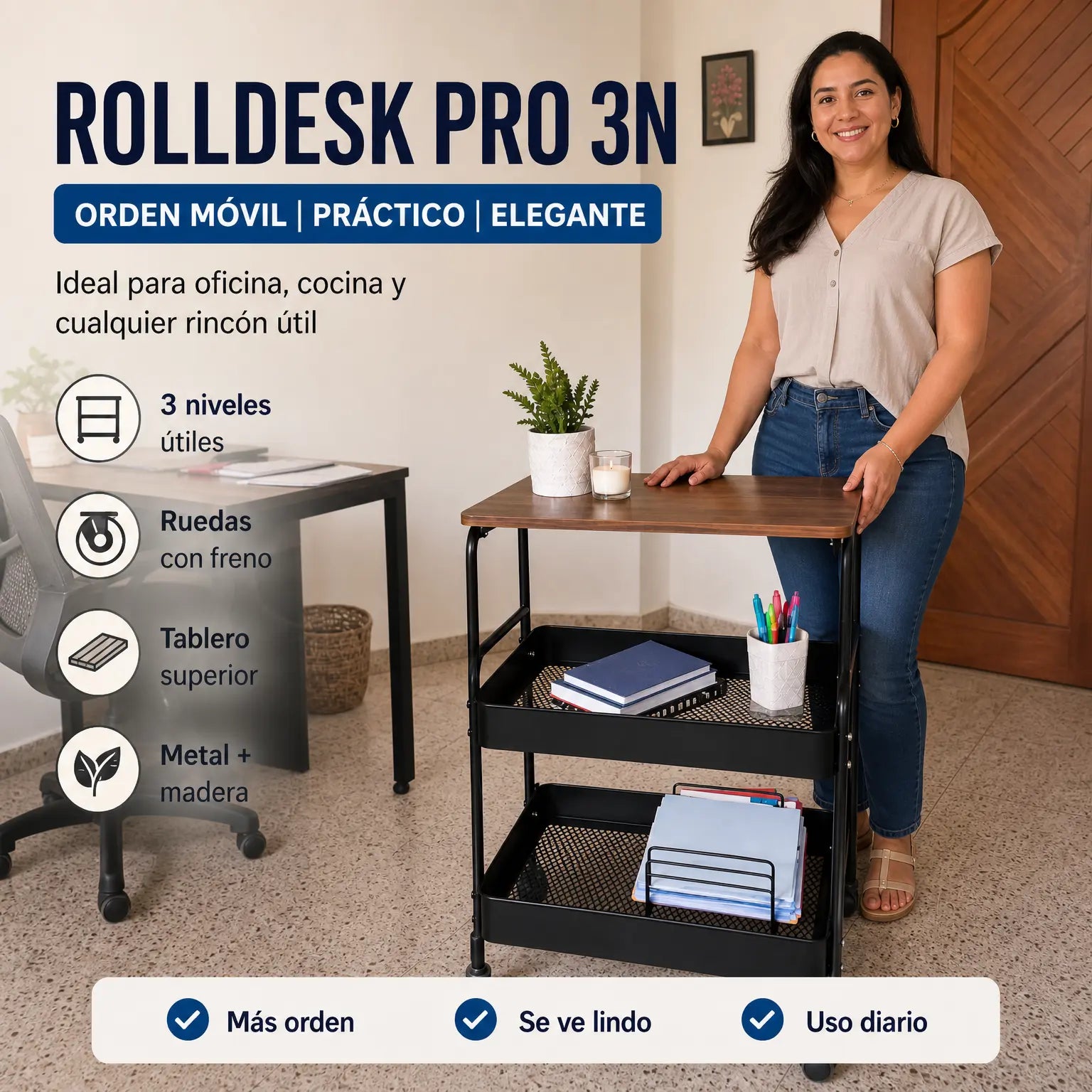 Carrito Organizador con Ruedas RollDesk Pro 3N | 3 Niveles + Mesa de Madera | Para Oficina, Cocina y Hogar | Pago al Recibir Honduras