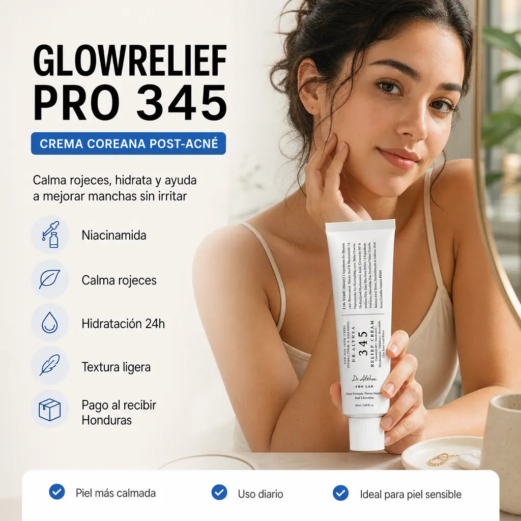 GlowRelief Pro 345 | Crema Coreana Post-Acné con Niacinamida | Calma Rojeces y Manchas | Hidratación 24h | Pago al Recibir Honduras