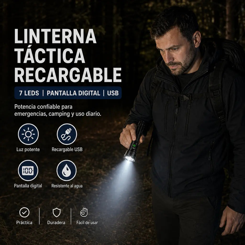 Linterna Táctica Recargable 7 LED con Display Digital USB | 30W Potente + Resistente al Agua | Pago al Recibir Honduras