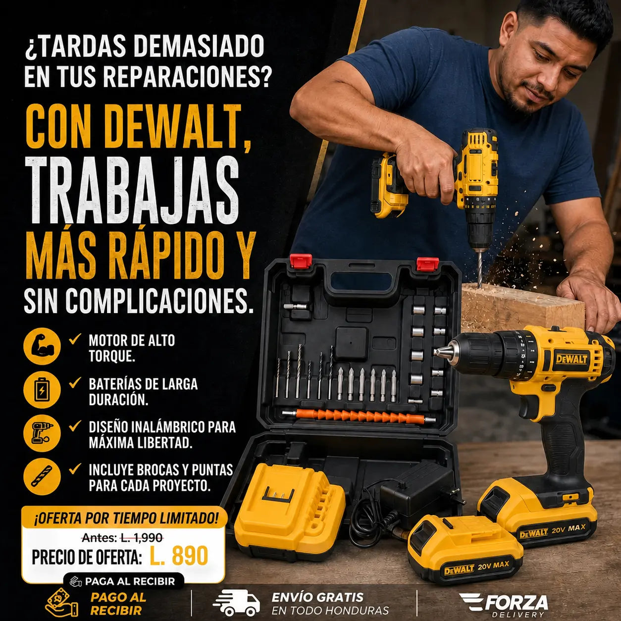 Taladro Atornillador Inalámbrico + Maletín 45 Piezas | 2 Baterías | Carga Rápida | Pago al Recibir Honduras