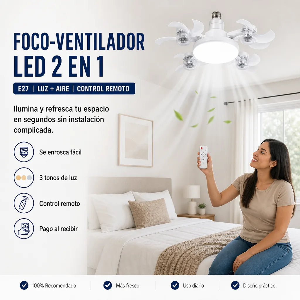 Foco‑Ventilador LED E27 2 en 1 con Control Remoto | Ilumina y Refresca tu Espacio sin Instalación Complicada | Pago al Recibir Honduras