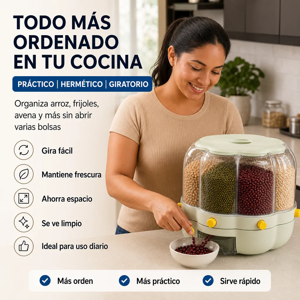 Dispensador Giratorio de Granos GrainSpin Pro 360 con 6 Compartimentos Herméticos Anti‑Insectos para Organizar tu Cocina | Pago al Recibir Honduras