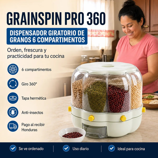 Dispensador Giratorio de Granos GrainSpin Pro 360 con 6 Compartimentos Herméticos Anti‑Insectos para Organizar tu Cocina | Pago al Recibir Honduras
