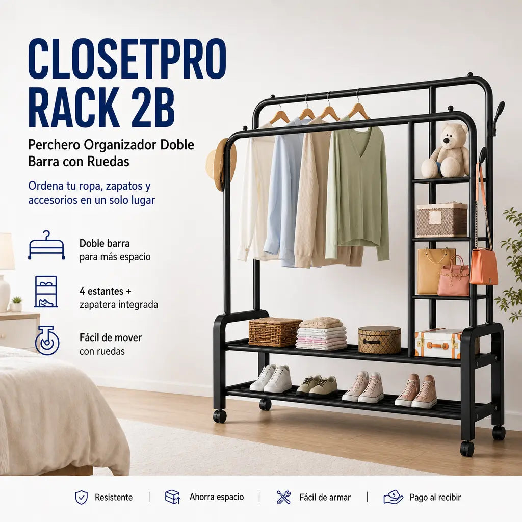 Perchero Organizador Doble Barra con Ruedas ClosetPro Rack 2B | 4 Estantes + Zapatera | 162 cm | Pago al Recibir Honduras