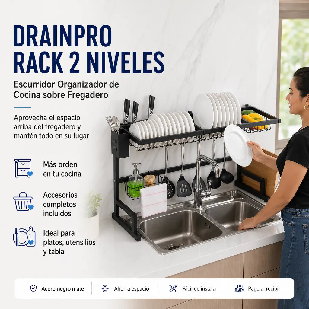 Escurridor Organizador de Cocina sobre Fregadero DrainPro Rack 2 Niveles | Acero Negro Mate | Accesorios Completos | Porta Tabla y Ganchos | Pago al Recibir Honduras