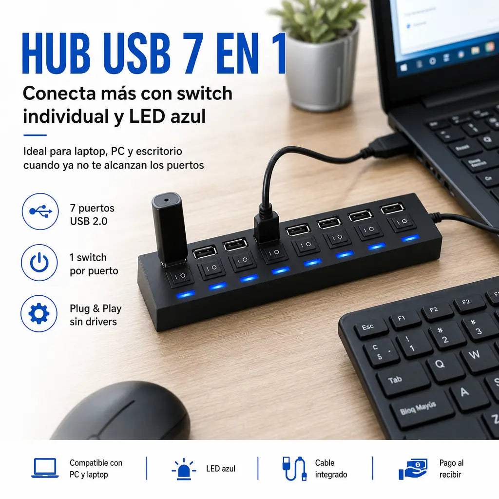 Hub USB 7 en 1 con Switch Individual | 7 Puertos USB 2.0 | LED Azul por Puerto | Plug & Play | Conecta Todo Fácil | Pago al Recibir Honduras