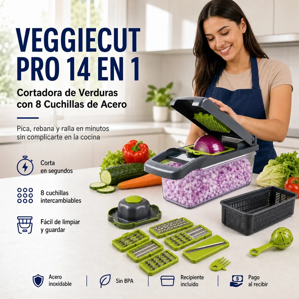 Cortadora de Verduras 14 en 1 | 8 Cuchillas de Acero | Pica, Rebana y Ralla en Minutos | Sin Llorar Picando Cebolla | Pago al Recibir Honduras