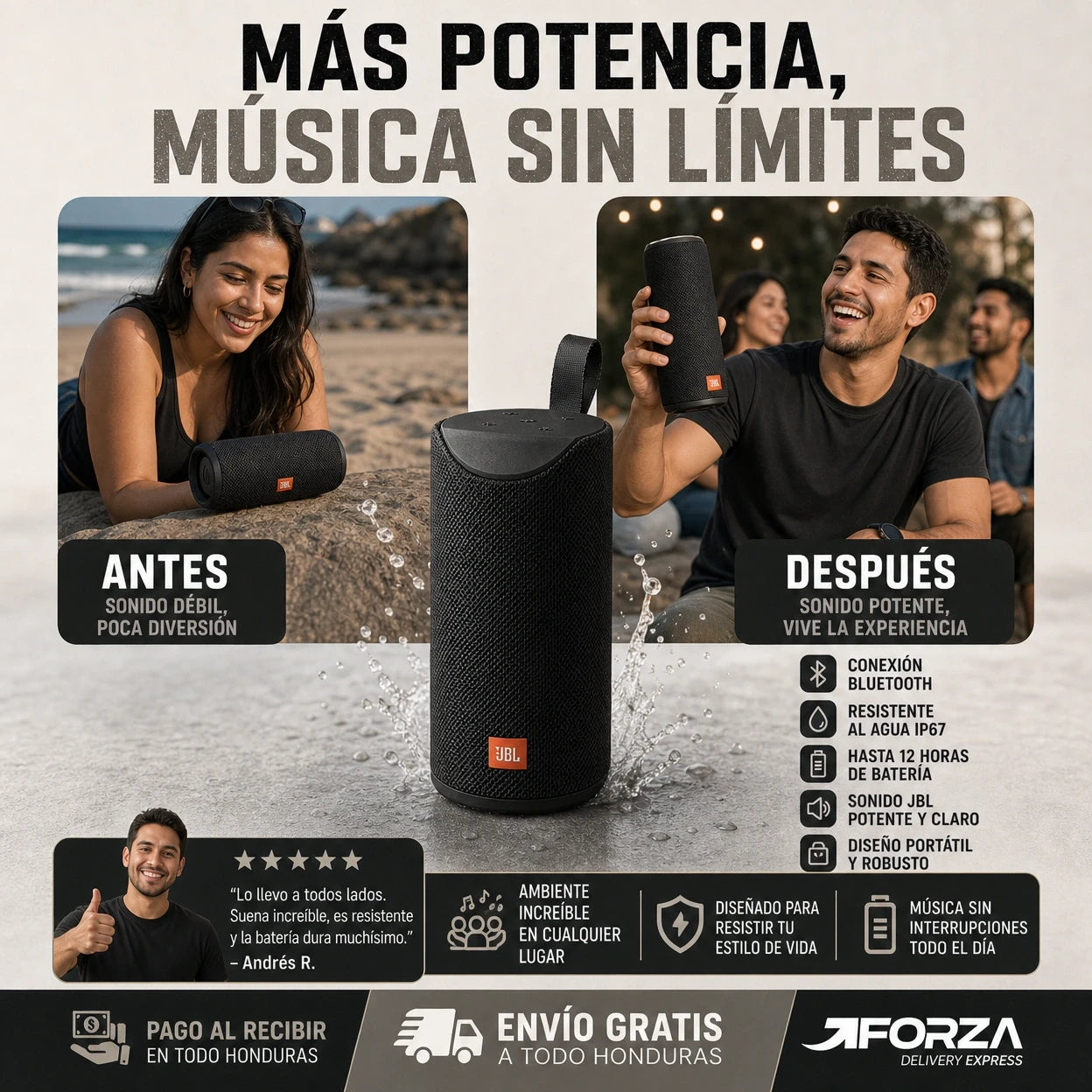 BASS MAX | Altavoz Bluetooth Portátil 10W | Radio FM + TF Card + AUX | Graves Potentes | A Prueba de Salpicaduras | Pago al Recibir Honduras