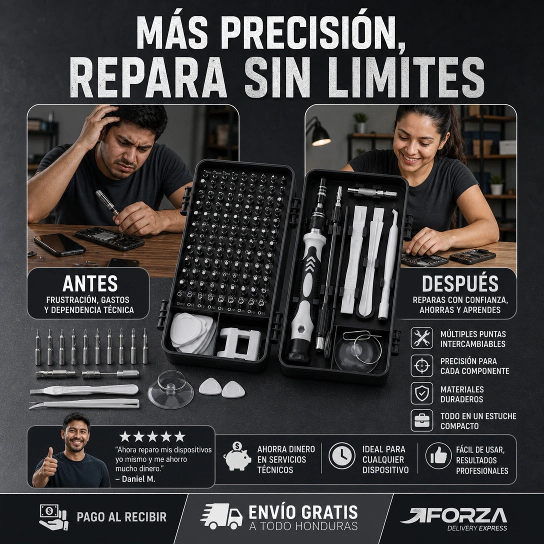 FixPro Kit 115en1 | Destornilladores de Precisión Magnéticos con Extensión Flexible y Estuche | Acero CR-V | Repara Celulares Laptops y Tablets | Pago al Recibir Honduras