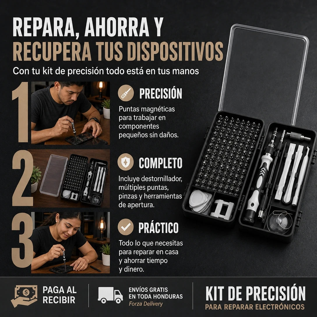 FixPro Kit 115en1 | Destornilladores de Precisión Magnéticos con Extensión Flexible y Estuche | Acero CR-V | Repara Celulares Laptops y Tablets | Pago al Recibir Honduras