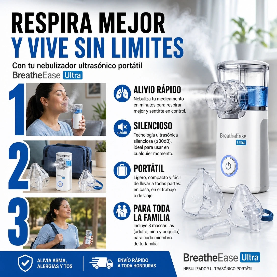 BreatheEase Ultra™ – Nebulizador Ultrasónico Portátil Certificado