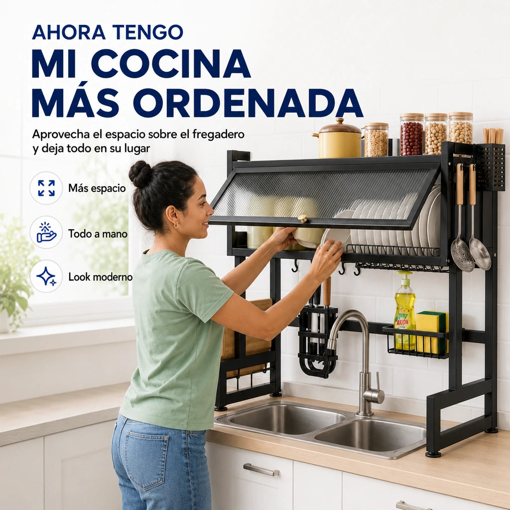 Organizador de Cocina Sobre el Fregadero con Vitrina de 3 Niveles para Ordenar Platos, Utensilios y Liberar el 100% del Mesón | Pago al Recibir Honduras