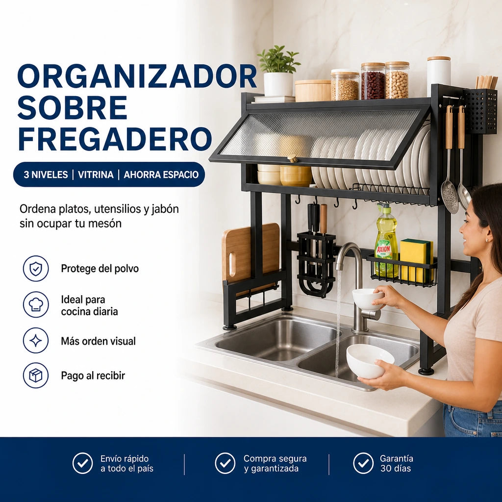 Organizador de Cocina Sobre el Fregadero con Vitrina de 3 Niveles para Ordenar Platos, Utensilios y Liberar el 100% del Mesón | Pago al Recibir Honduras