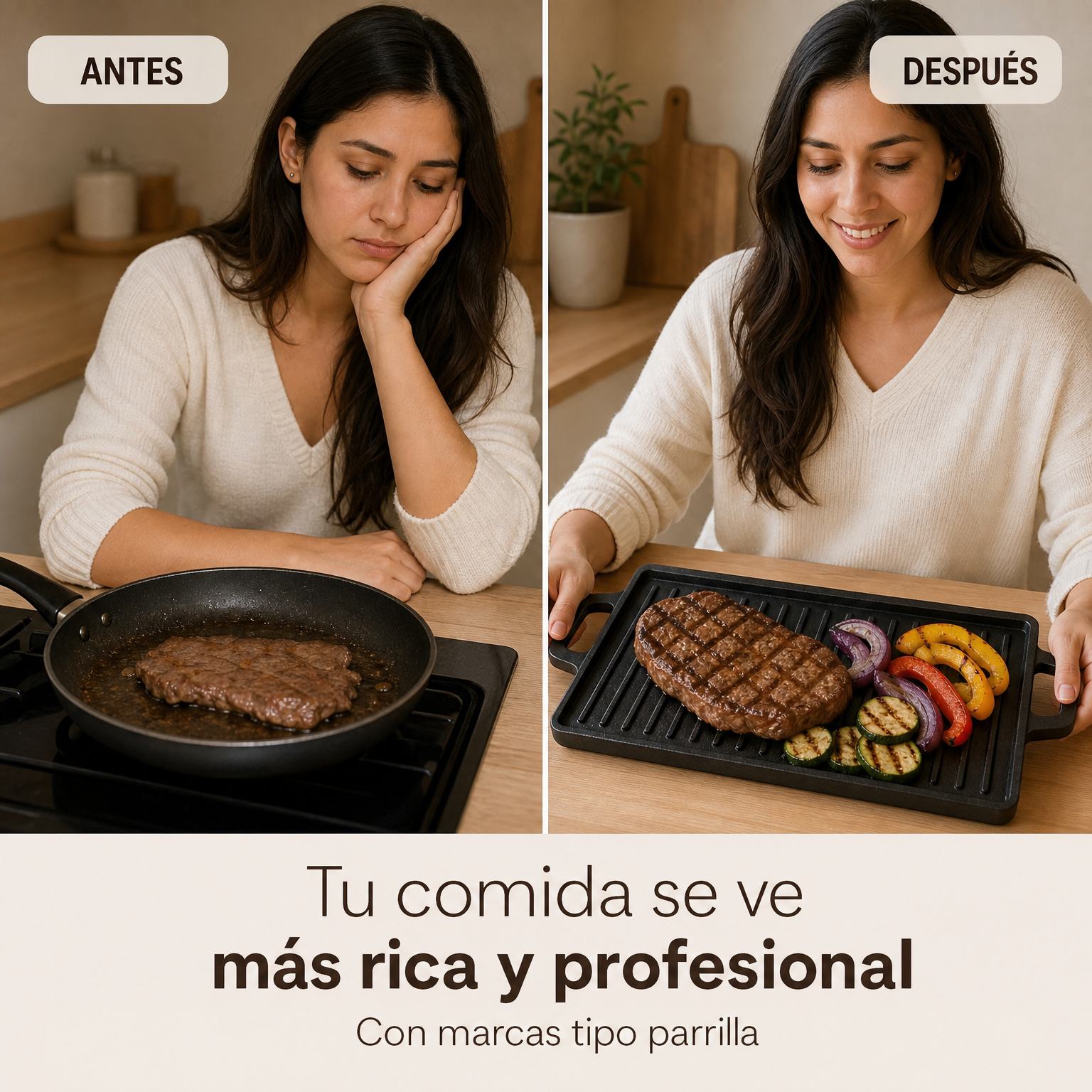 Plancha Grill de Hierro Fundido| Marca Parrilla, Drena Grasa y Cocina Uniforme