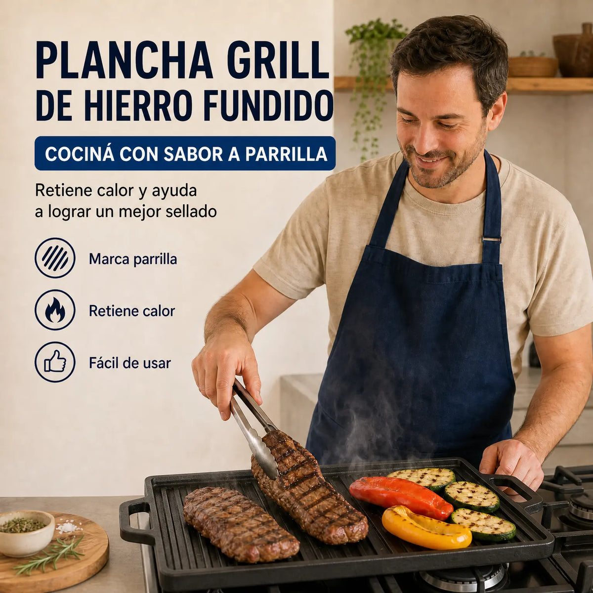 Plancha Grill de Hierro Fundido| Marca Parrilla, Drena Grasa y Cocina Uniforme
