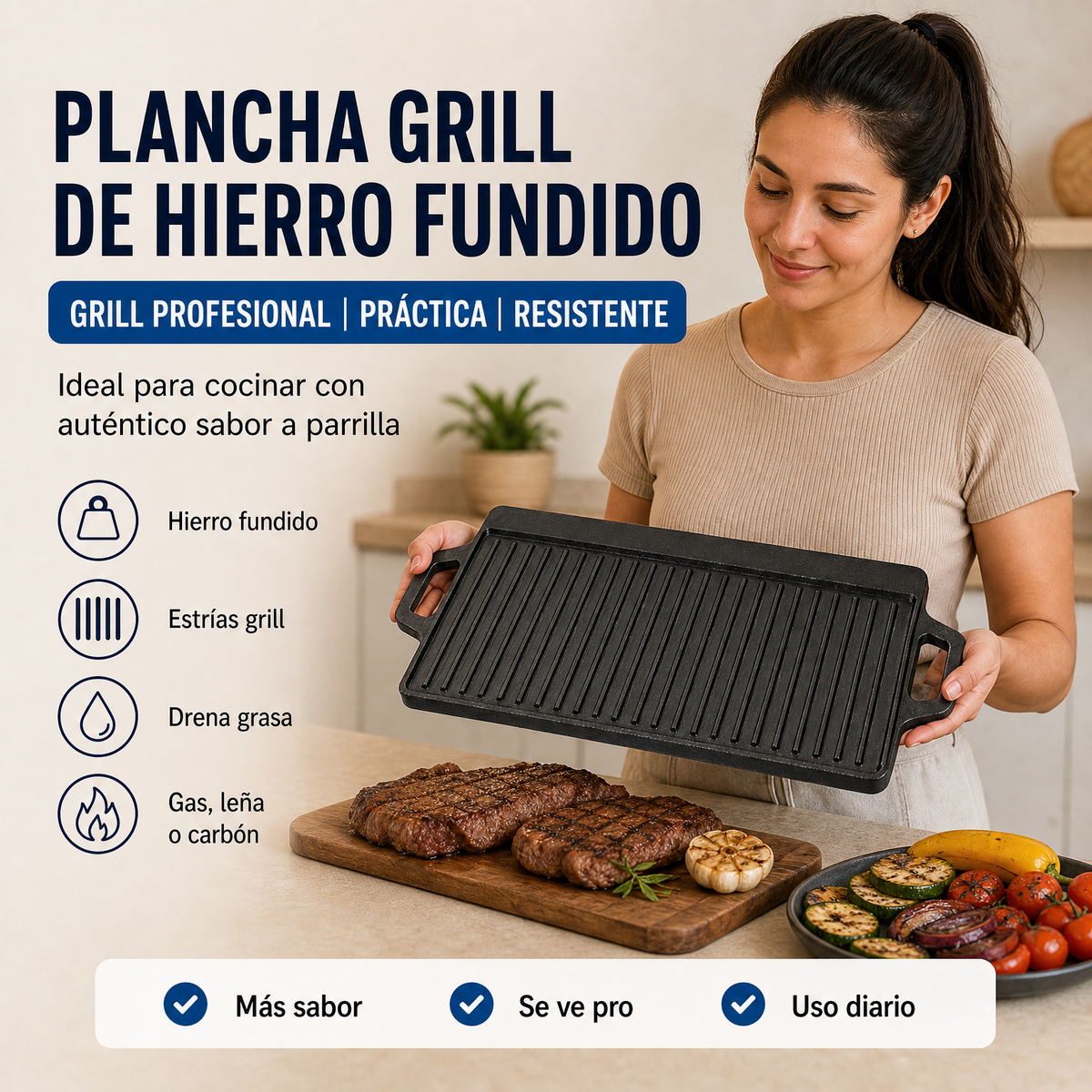 Plancha Grill de Hierro Fundido| Marca Parrilla, Drena Grasa y Cocina Uniforme