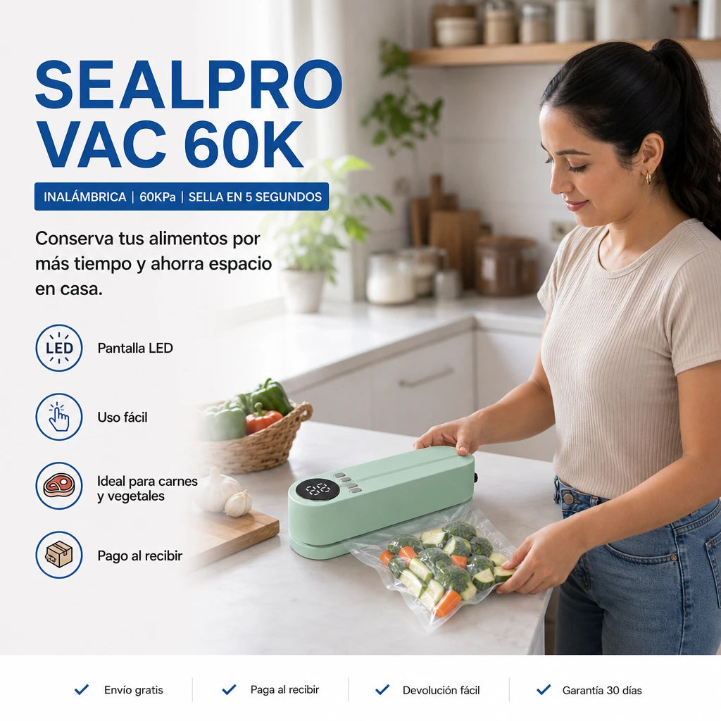 Selladora al Vacío Inalámbrica SealPro Vac 60K con 60KPa, Pantalla LED y Sellado en 5 Segundos para Conservar tus Alimentos 5x Más Tiempo | Pago al Recibir Honduras