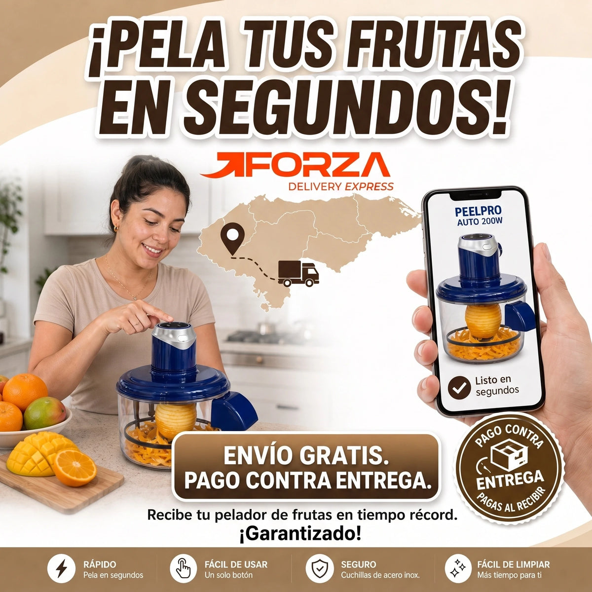 Pelador Eléctrico de Frutas PeelPro Auto 200W con Bowl de 2L y USB Tipo-C para Pelar Naranja, Mango, Papa y Más en Segundos | Pago al Recibir Honduras