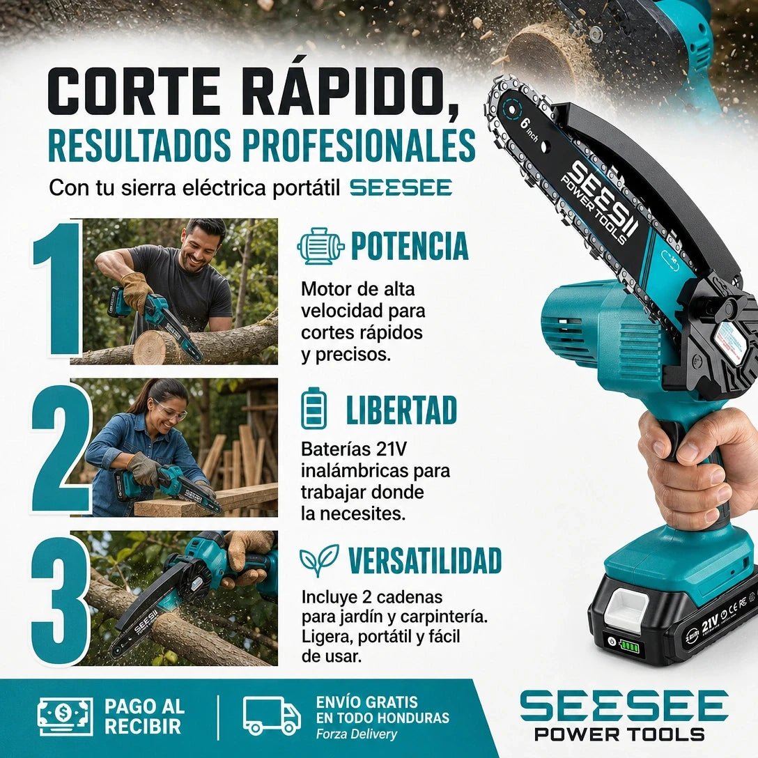 ChainCut Pro Mini 24V | Motosierra Eléctrica Portátil de Una Mano | Corta Ramas en Segundos | 550W Motor Cobre | Pago al Recibir Honduras