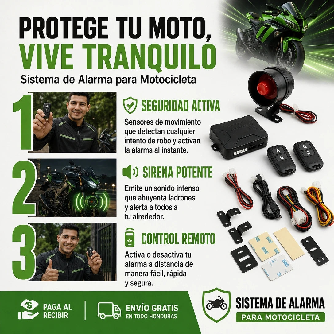 MotoGuard Pro 125dB | Sistema Alarma Antirrobo para Moto 12V | 2 Controles Remotos | Arranque Remoto | Sirena 125dB | Pago al Recibir Honduras