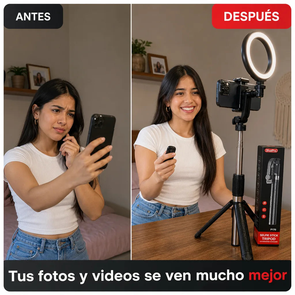Selfie Stick Trípode Bluetooth ShotPro Stick P170 de 170cm con Control Remoto y Giro 360° | Ideal para Fotos y Videos Profesionales desde el Celular | Pago al Recibir Honduras