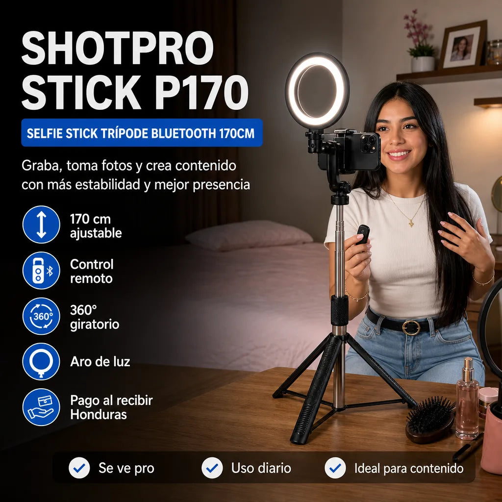 Selfie Stick Trípode Bluetooth ShotPro Stick P170 de 170cm con Control Remoto y Giro 360° | Ideal para Fotos y Videos Profesionales desde el Celular | Pago al Recibir Honduras