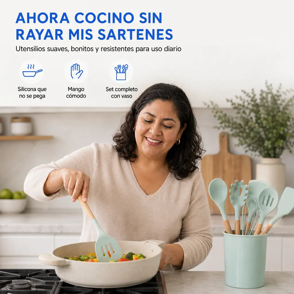 Set de 12 Utensilios de Cocina de Silicona SiliChef Pro 12 con Mango de Madera No Raya tus Sartenes y Resiste 230°C | Pago al Recibir Honduras