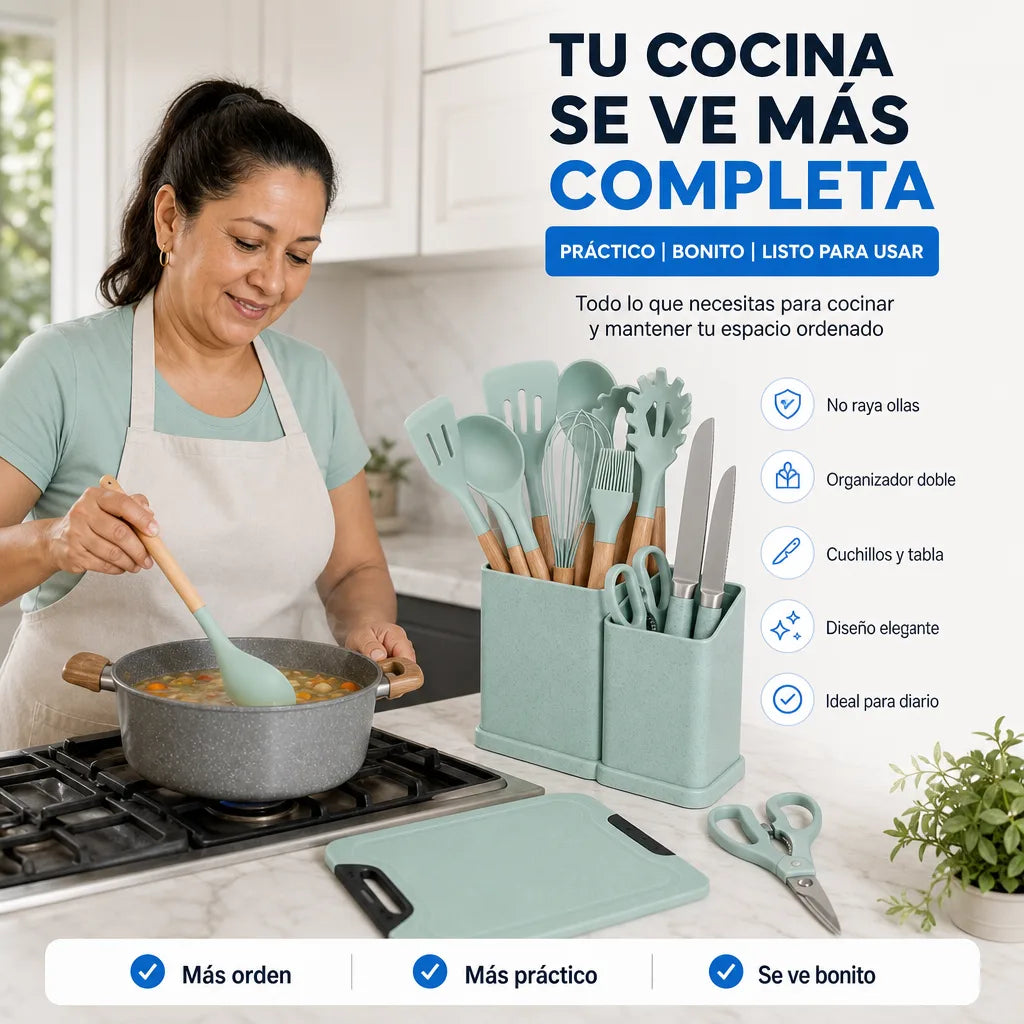Set de Cocina SiliChef Pro 19 con Utensilios de Silicona, Cuchillos, Tabla de Cortar y Organizador Doble | Mango Madera | No Raya Tus Sartenes | Pago al Recibir Honduras