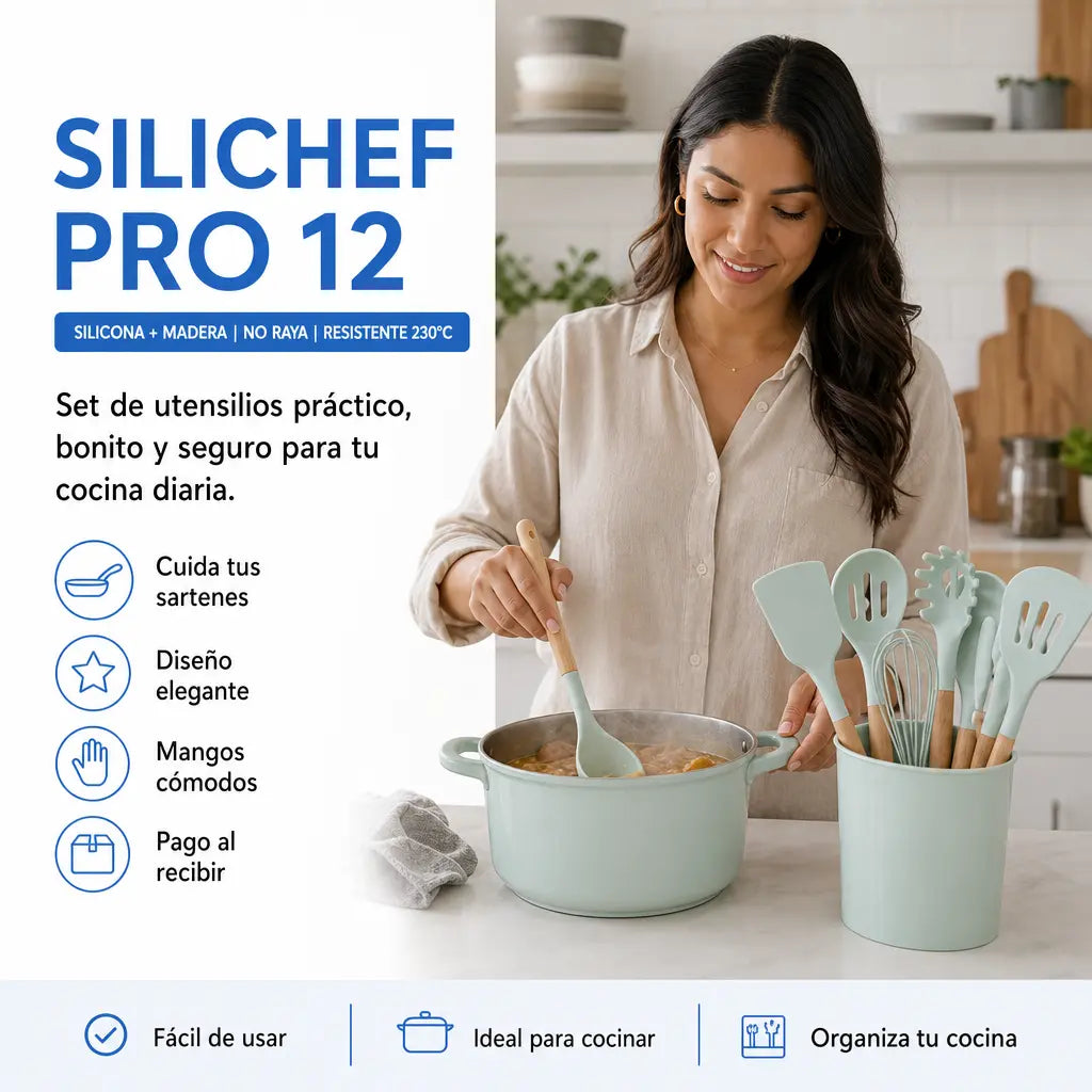 Set de 12 Utensilios de Cocina de Silicona SiliChef Pro 12 con Mango de Madera No Raya tus Sartenes y Resiste 230°C | Pago al Recibir Honduras
