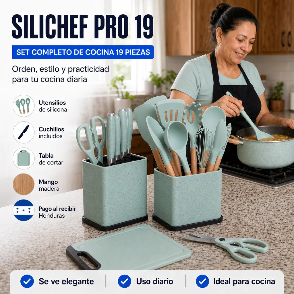 Set de Cocina SiliChef Pro 19 con Utensilios de Silicona, Cuchillos, Tabla de Cortar y Organizador Doble | Mango Madera | No Raya Tus Sartenes | Pago al Recibir Honduras
