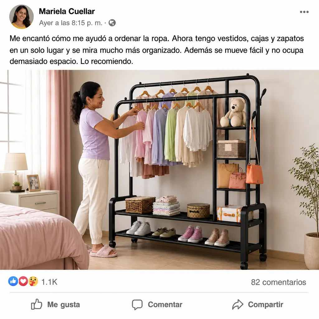 Perchero Organizador Doble Barra con Ruedas ClosetPro Rack 2B | 4 Estantes + Zapatera | 162 cm | Pago al Recibir Honduras