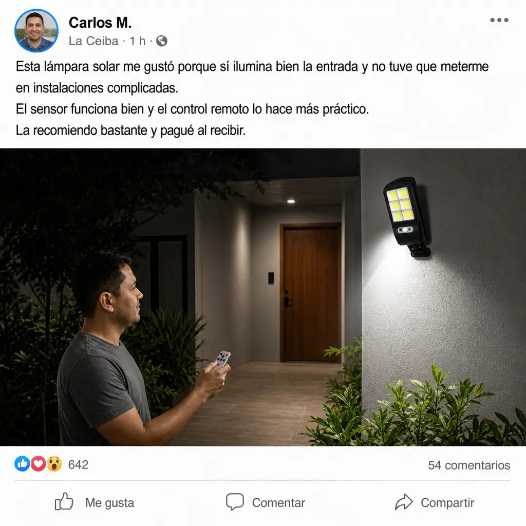 Lámpara Solar LED con Sensor de Movimiento y Control Remoto — Iluminación Gratis y Más Seguridad