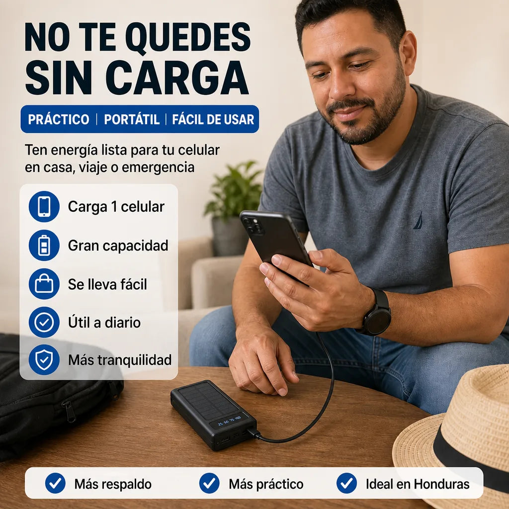 Power Bank Solar SolarCharge Pro 30000mAh con 4 Cables Integrados y Carga Rápida | Batería Externa Portátil para Celular | Pago al Recibir Honduras