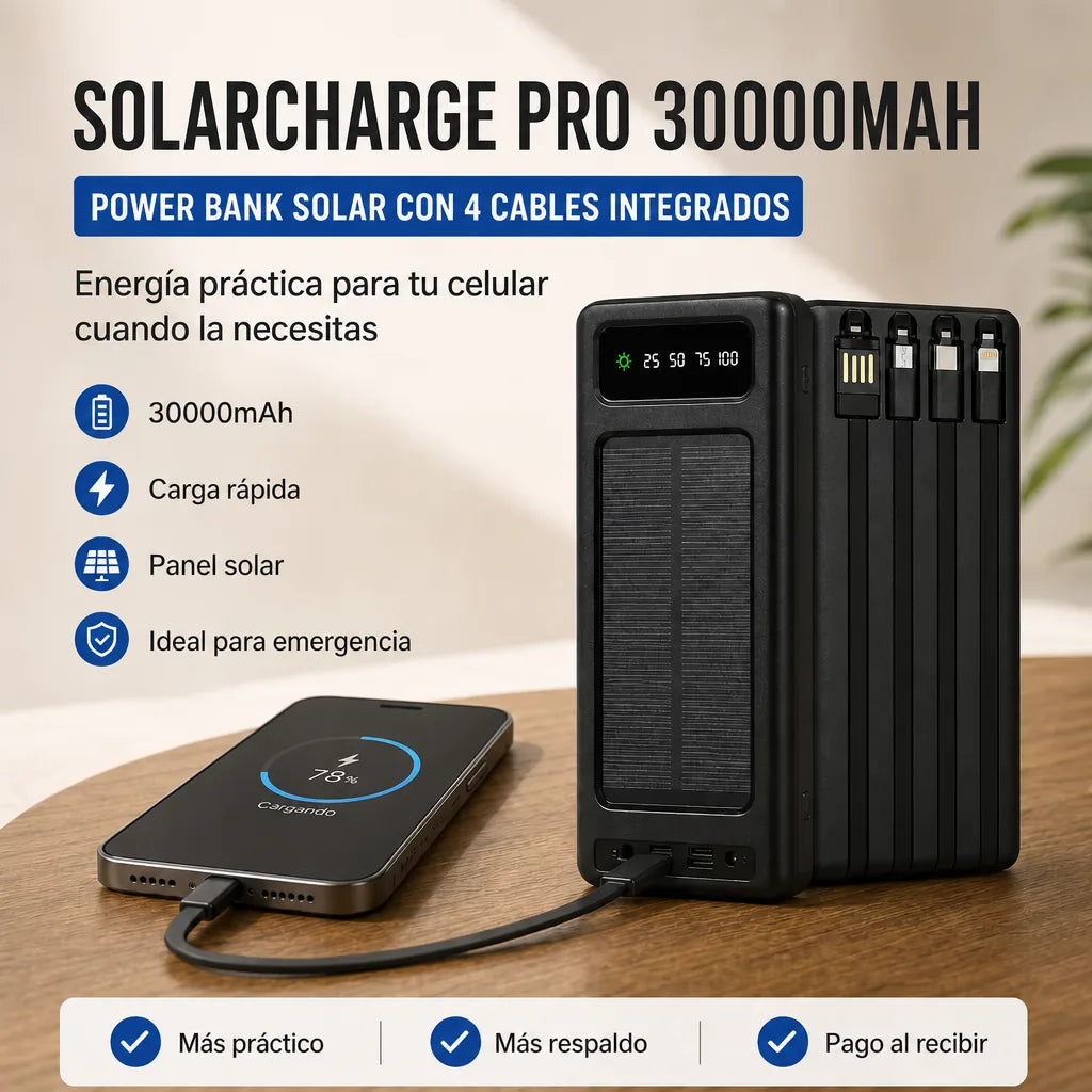 Power Bank Solar SolarCharge Pro 30000mAh con 4 Cables Integrados y Carga Rápida | Batería Externa Portátil para Celular | Pago al Recibir Honduras