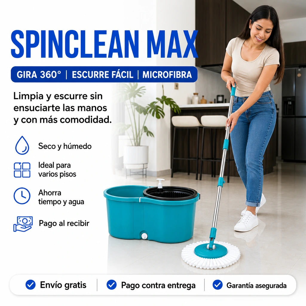 Mopa Giratoria 360° SpinClean Max con Balde Centrifugador y Microfibra para Limpiar y Escurrir Sin Ensuciarte las Manos | Pago al Recibir Honduras