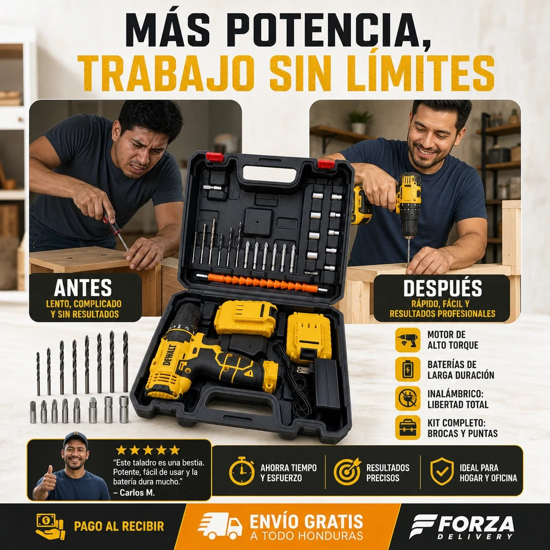 Taladro Atornillador Inalámbrico + Maletín 45 Piezas | 2 Baterías | Carga Rápida | Pago al Recibir Honduras