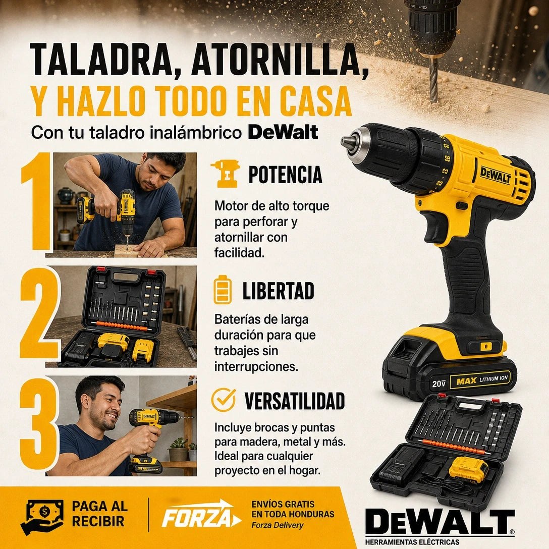 Taladro Atornillador Inalámbrico + Maletín 45 Piezas | 2 Baterías | Carga Rápida | Pago al Recibir Honduras