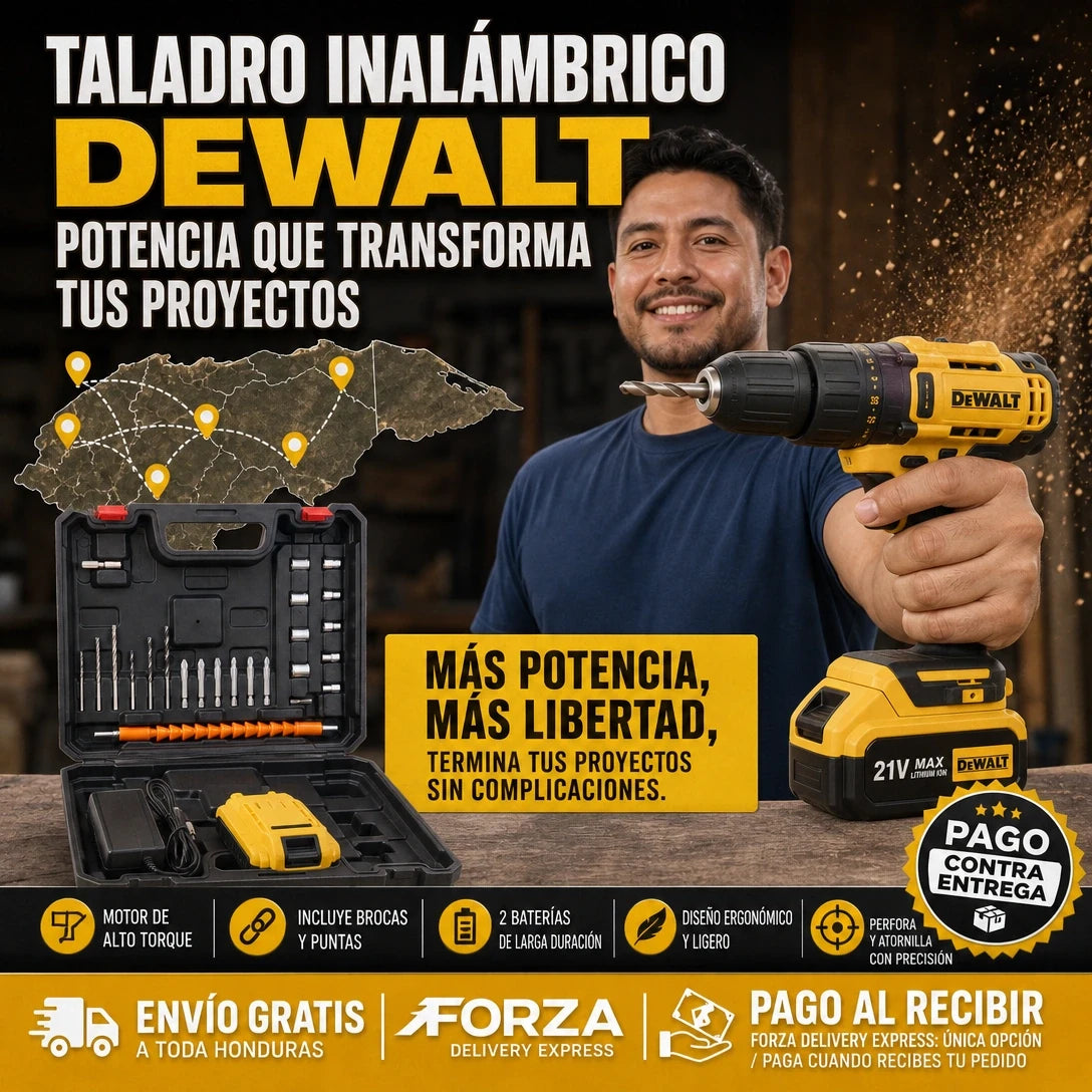 Taladro Atornillador Inalámbrico + Maletín 45 Piezas | 2 Baterías | Carga Rápida | Pago al Recibir Honduras