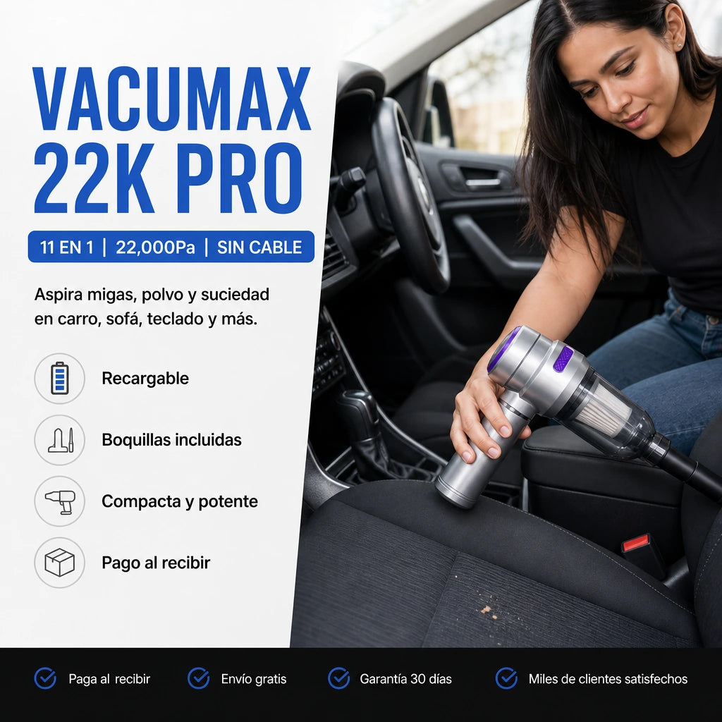 Aspiradora de Mano 11 en 1 VacuMax 22K Pro con 22,000Pa de Succión, Sin Cable y Recargable para Carro, Sofá, Teclado y Rincones Difíciles | Pago al Recibir Honduras