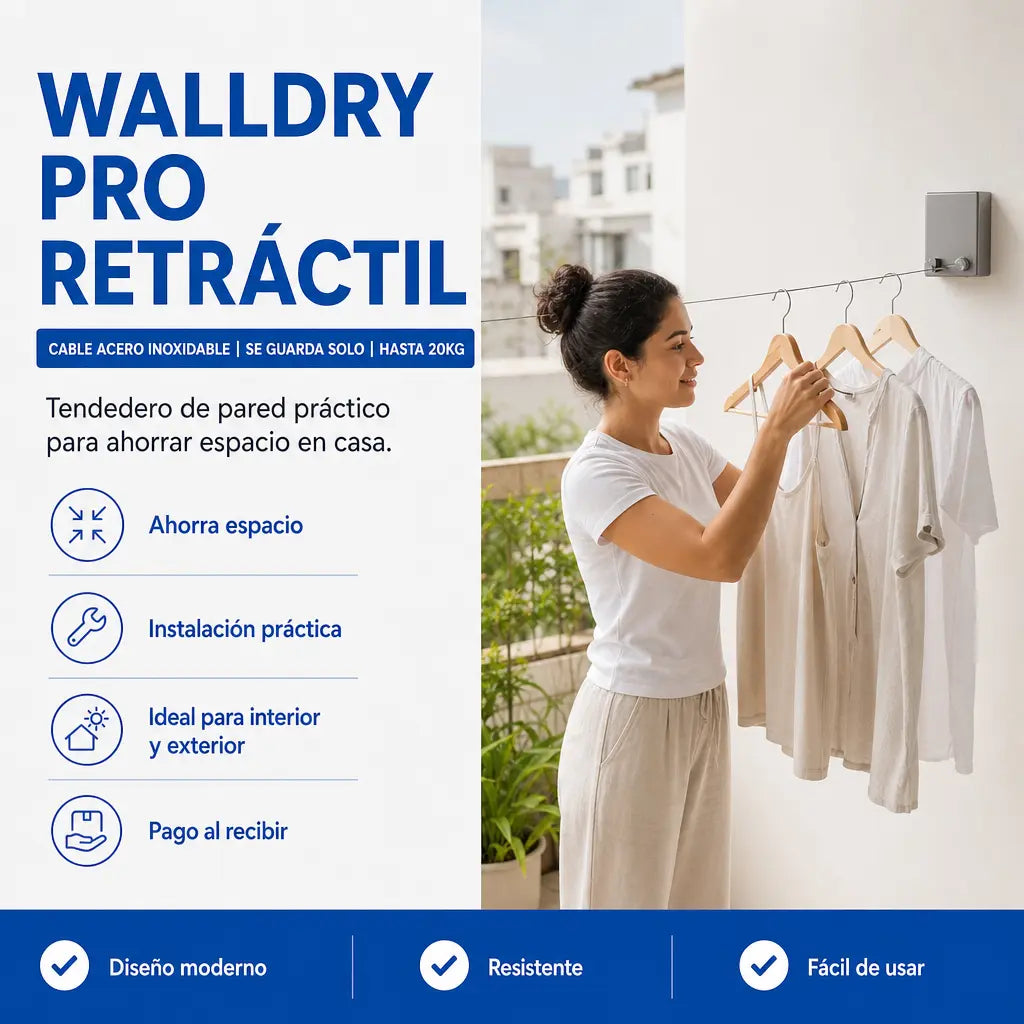Tendedero de Pared con Cable de Acero Inoxidable | WallDry Pro Retráctil | Se Guarda Solo | Hasta 20kg | Interior y Exterior | Pago al Recibir Honduras